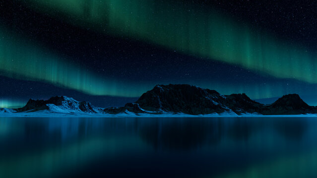 Blue Aurora Lights over Snow covered Landscape. Magical Northern Lights Wallpaper with copy-space.