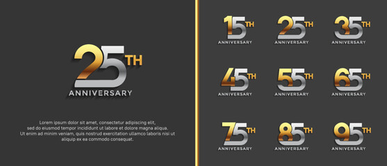 set of anniversary logotype silver and gold color on black background for celebration moment