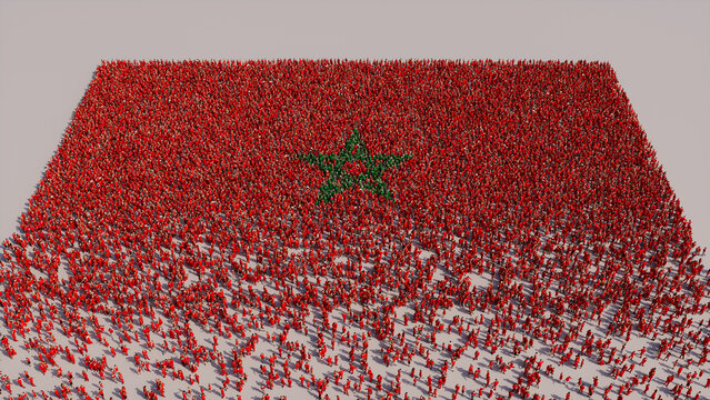 A Crowd of People congregating to form the Flag of Morocco. Moroccan Banner on White.
