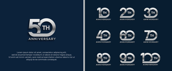 set of anniversary logotype silver color on dark blue background for celebration moment