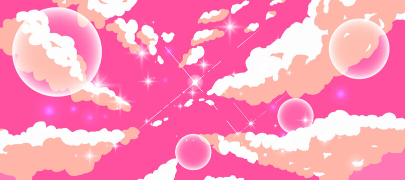 Pink Anime Sky With Clouds And Sparkles. Cartoon Style Illustration.