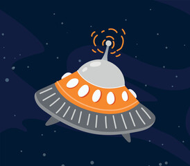 Unknown flying object in space. Aliens on spacecraft explore galaxies and universes. UFO on background of starry sky, cosmic vibe. Fantasy, imagination and fairy tale. Cartoon flat vector illustration
