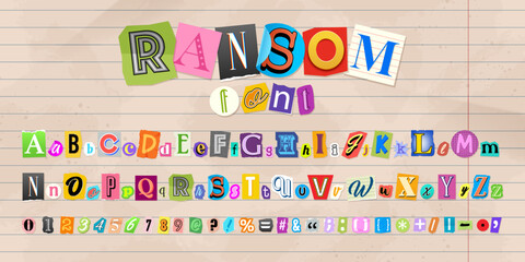 Color letters, numbers and punctuation marks cut from newspapers and magazines. Ransom, anonymous or detective font. Collage vector alphabet in trendy style. Vintage elements for your design. © Valedi 
