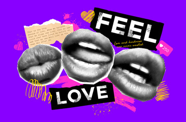 Collage vector poster with halftone mouths, torn paper, stroke brushes, doodle elements. Concept of love. Trendy magazine style, grunge texture, love symbols. Colorful banner for your design