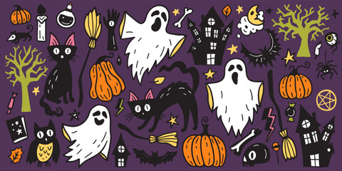 Bright collection of Halloween sticker sketch set. Big set of hand drawn doodle. Collection halloween and magic elements. Pumpkins, ghost, skull, black cat, pot, hat.