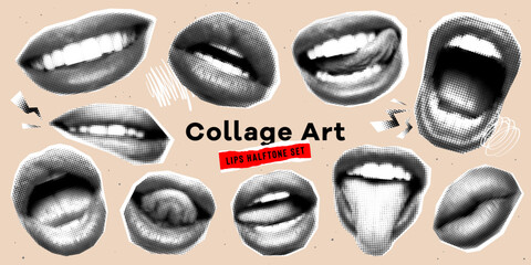 Fototapeta Collage mouth set with grunge elements. Halftone lips for banner, graphic, poster, illustration. Vector set of scream, kiss, smile, tongue, open mouth. Texture elements on transparent background. obraz
