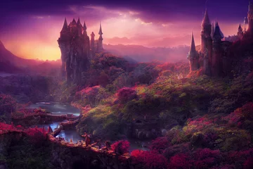 Photo sur Plexiglas Violet Peinture de paysage fantastique, château et village, monde imaginaire