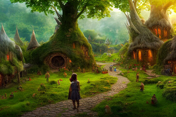 Fantasy landscape painting, castle and village, imaginary world