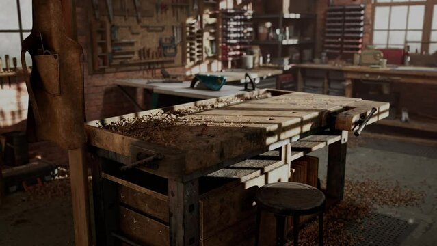 Retro stylized old tools on wooden table in a joinery