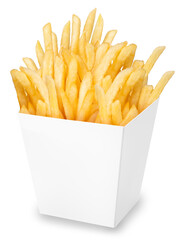 French fries in paper bucket isolated on white background, French fries on white With work path.