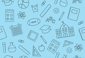 School seamless pattern. Repeating design element for printing on wrapping paper. Minimalistic calculator, school or university building, graduation cap and pencil. Cartoon flat vector illustration