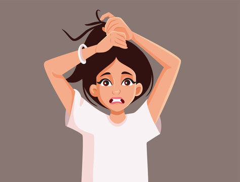 Woman Tying her Frizzy Hair in a Ponytail Vector Illustration. Stressed girl with messy hairdo having a bad hair day

