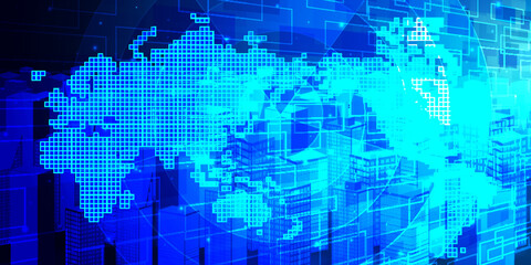 Obraz premium ビル 世界地図 ネットワーク 背景