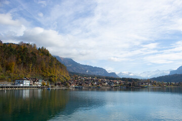 Fototapeta na wymiar Beautiful Autumn landscape of Lake Brienz, Switzerland. Copy space