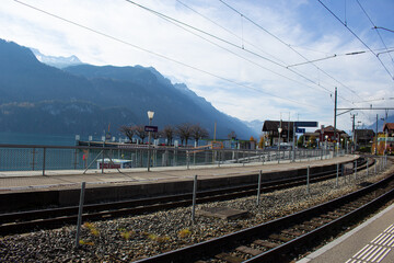 Fototapeta na wymiar Panoramic view of the platform of Brienz train station, Switzerland