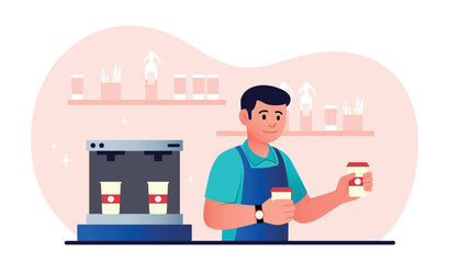 Coffee shop attendant. Man with two hot drinks in hands next to coffee machine. Barista or waiter in cafe or restaurant. Delicious and tasty drinks, beverage. Cartoon flat vector illustration