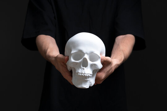 person's hands holding a human white skull on halloween