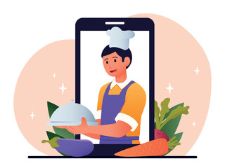 Food blogging recipes. Cook with dishes and vegetables in smartphone screen. Man in chefs hat prepares delicious food from ingredients. Delivery or takeaway concept. Cartoon flat vector illustration