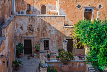 interior courtyard of an old Greek monastery