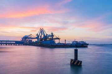 Fototapeta premium Yangtze River port wharf and and night view in Jiangyin City, China 