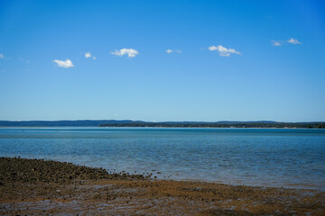 View across Moreton Bay from Redland Bay to Macleay Island, and Stradbroke Island on the horizon. Queensland, Australia 