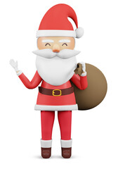 3d render , Happy New Year and Merry Christmas card. Santa Claus with gift bag