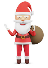 3d render , Happy New Year and Merry Christmas card. Santa Claus with gift bag