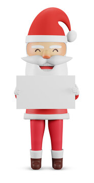 3d render , Santa Claus Christmas cartoon character peeking over a sign giving . , Happy New Year and Merry Christmas card. blank sign