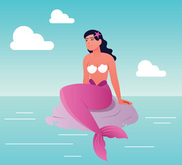 Obraz na płótnie Canvas Mermaid in sea. Woman with star sits on stone, fairy tale. Imagination and fantasy. Design element for printing on clothes with representatives of underwater world. Cartoon flat vector illustration