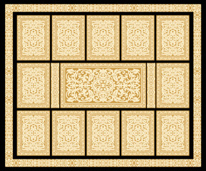 Carpet square print from Maori ethnic geometrical pattern, black and gold ornate stripes. Bandana, shawl, rug, mat, chintz towel, Batik painting, tribal border. 20 pattern brushes in the brush palette