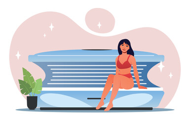 Woman in solarium. Girl in bathing suit sits near tanning machine. Cosmetic and spa procedures, beauty and hygiene, skin care. Character on came to specialist. Cartoon flat vector illustration