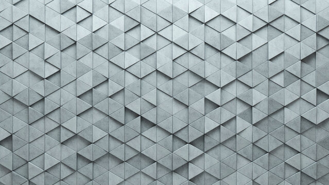 Futuristic, Triangular Mosaic Tiles arranged in the shape of a wall. 3D, Semigloss, Bricks stacked to create a Concrete block background. 3D Render