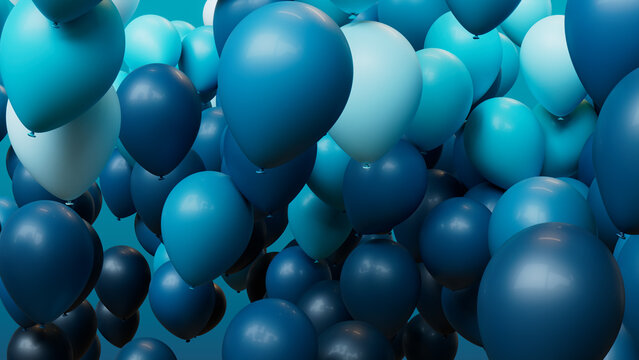 Navy Blue, Aqua and White Balloons Rising in the Air. Colorful, Celebration Wallpaper.