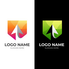 shield arrow logo template, shield and arrow combination logo with 3d orange and green color style