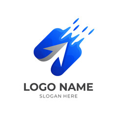 arrow square logo concept, water, square and arrow combination logo with 3d blue color style