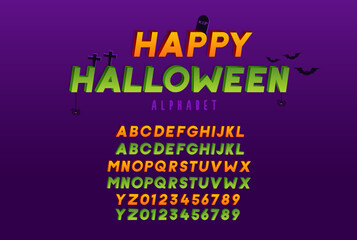 3d effect script font for halloween and spooky subjects. Unique creepy typeface alphabet and numbers in vector format in green and orange variations