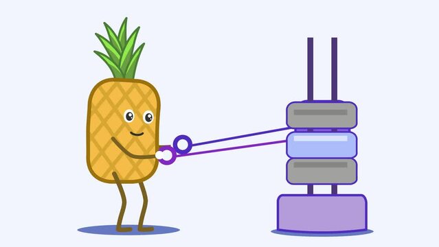 A pineapple working out with a cable machine