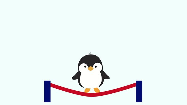 A penguin jumping up and down on a trampoline