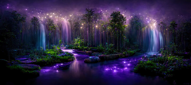 3D illustration rendering of forest image illuminated at night by bioluminescence.