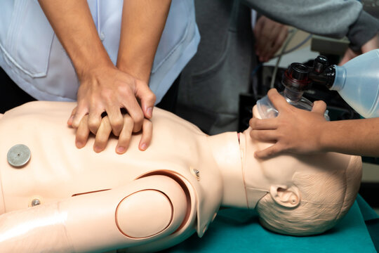 Endotracheal intubation of a reanimation training doll. mannequin dummy during medical training to control of the airway.coronavirus infection concept.