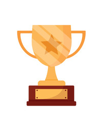 Gold cup statuette. Congratulation of winner in competition. Trophy, award or reward. Best employee or winner in creative category. Achievement, goal and task. Cartoon flat vector illustration