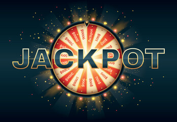 Jackpot banner concept. Gambling, advertising poster for website. Conducting online lotteries, games of luck. Wheel of fortune. Bingo, prize, coins and money. Realistic 3D vector illustration