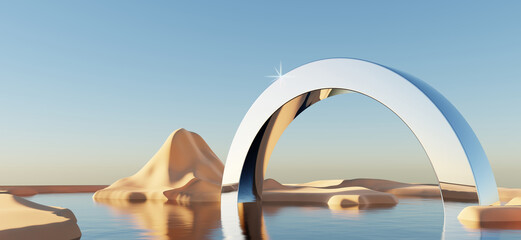 Fototapeta na wymiar Abstract Dune cliff sand with metallic Arches and clean blue sky. Surreal minimal Desert natural landscape background. Scene of Desert with glossy metallic arches geometric design. 3D Render.