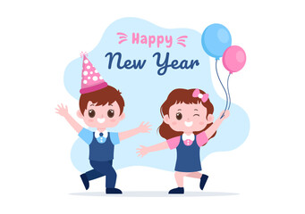 Happy New Year 2023 Celebration Template Hand Drawn Cartoon Flat Background Illustration with Fireworks, Ribbons and Confetti Design