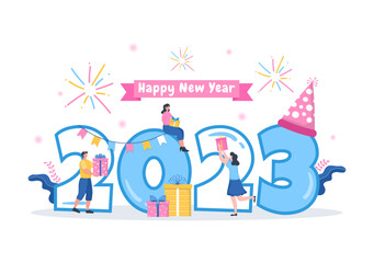Happy New Year 2023 Celebration Template Hand Drawn Cartoon Flat Background Illustration with Fireworks, Ribbons and Confetti Design