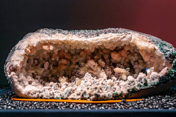 A detailed closeup of a beautiful cluster of glassy quartz crystal mineral stones.