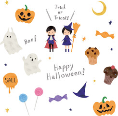 アナログ風のハロウィンのイラストセット