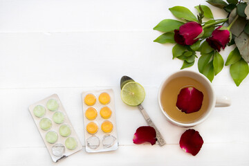 herbal drinks lemon with lozenge for health care arrangement flat lay style on background white 
