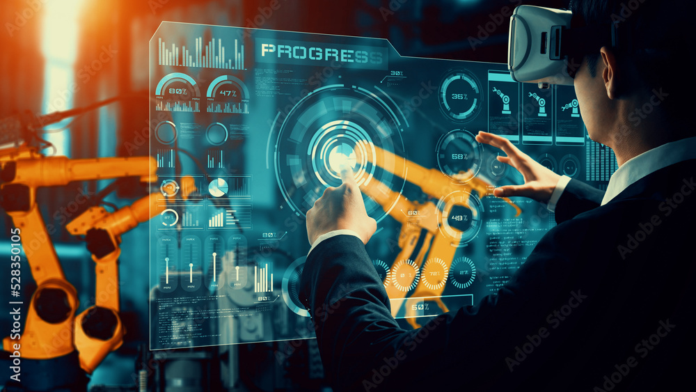 Poster engineer use cybernated robotic software to control industry robot arm in factory . automation manuf