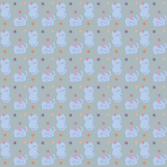 Cats with flowers  Seamless pattern motif. Dots background. Cute cats characters.